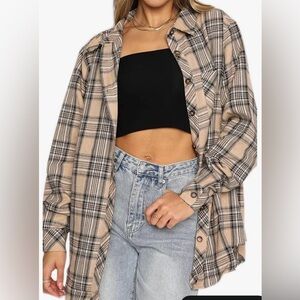 Plaid Button-Up Shirt - Tan and Black Size Small